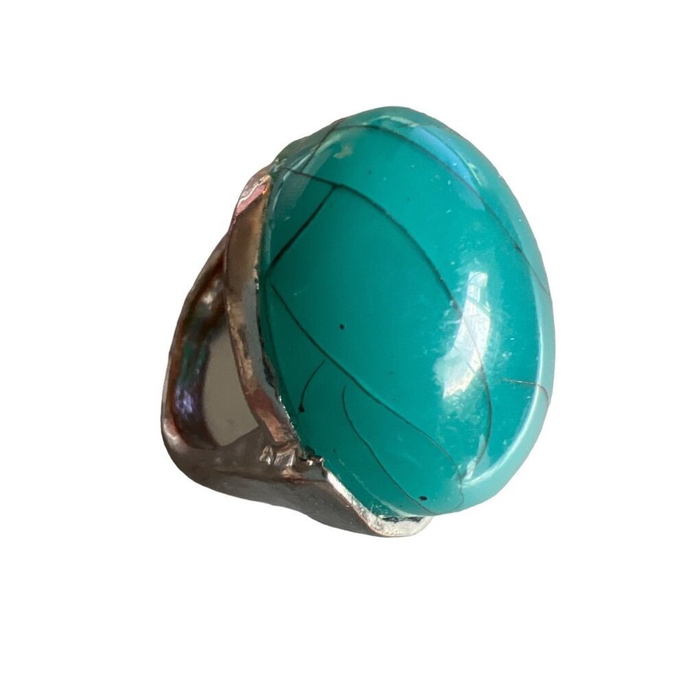 Sterling Silver Turquoise Oval Statement Ring - Size 8